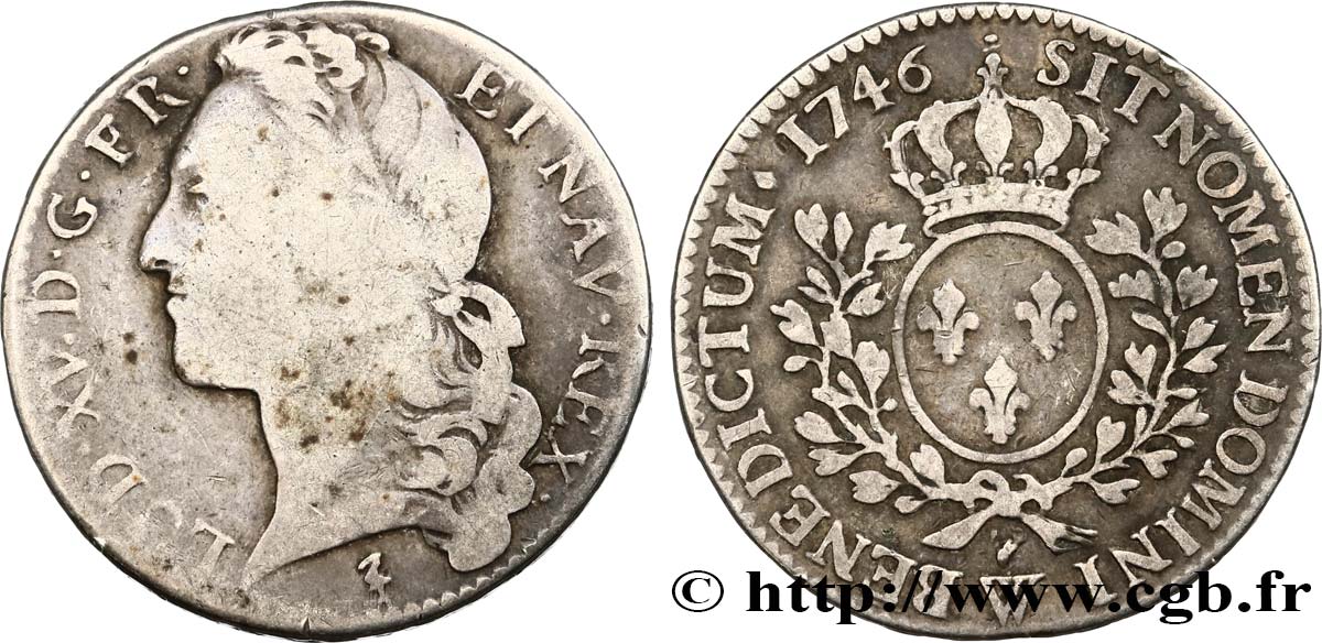 LOUIS XV THE BELOVED Demi-écu aux branches d’olivier, tête ceinte d’un bandeau 1746 Lille VG/XF