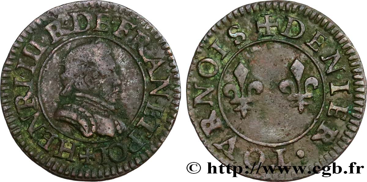 HENRI III Denier tournois, 1er type de Paris n.d. Paris, Moulin des Étuves TB+