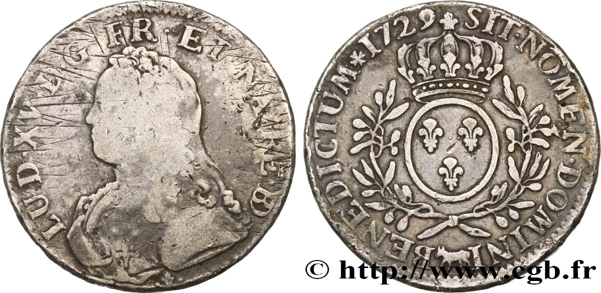 LOUIS XV THE BELOVED Écu dit “aux branches d&nbsp;olivier” de Béarn 1729 Pau VF/XF