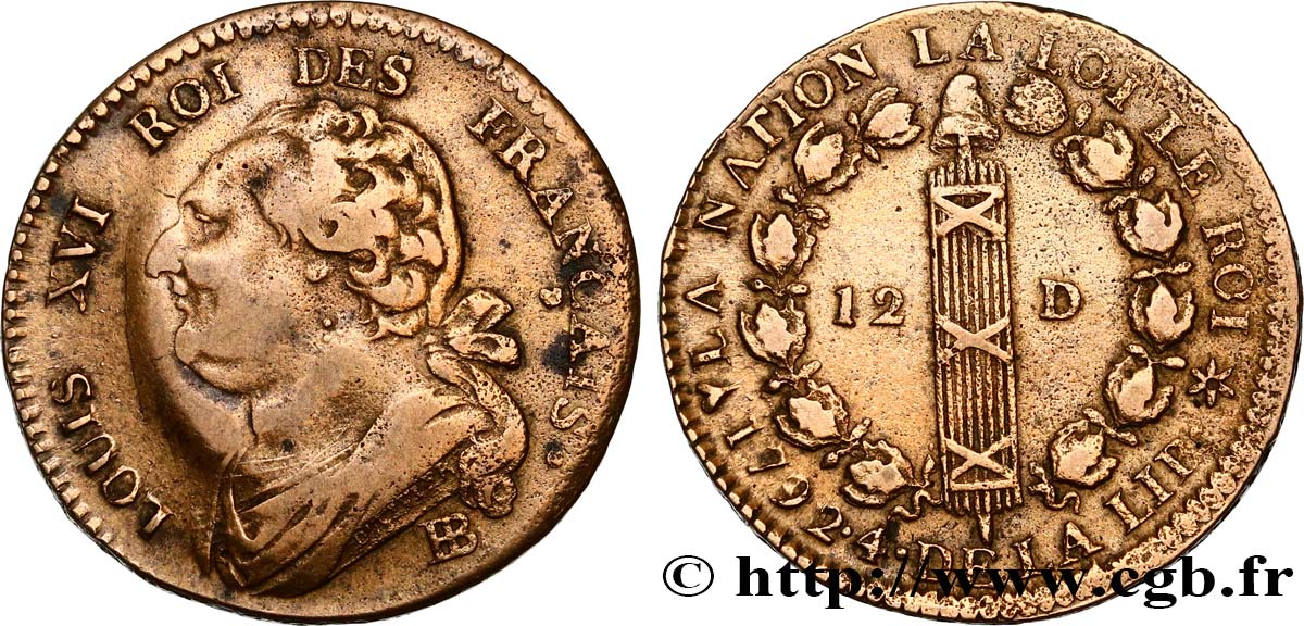 LOUIS XVI 12 deniers dit &nbsp;au faisceau&nbsp;, type FRANÇAIS 1792 Strasbourg VF/XF