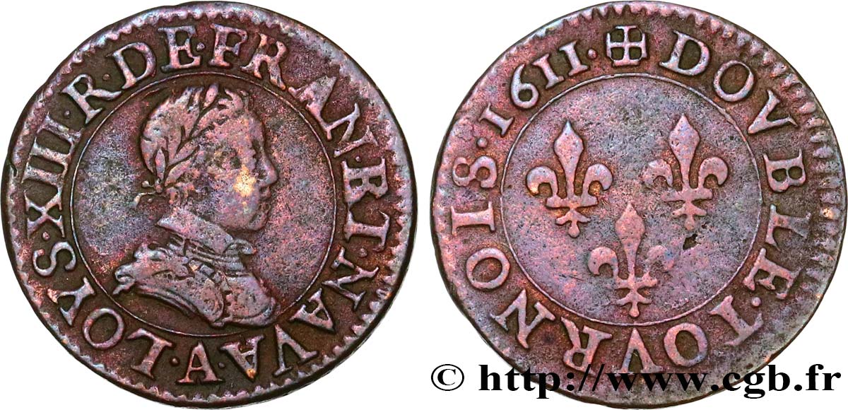 LOUIS XIII Double tournois, type 1 1611 Paris, Moulin du Louvre XF