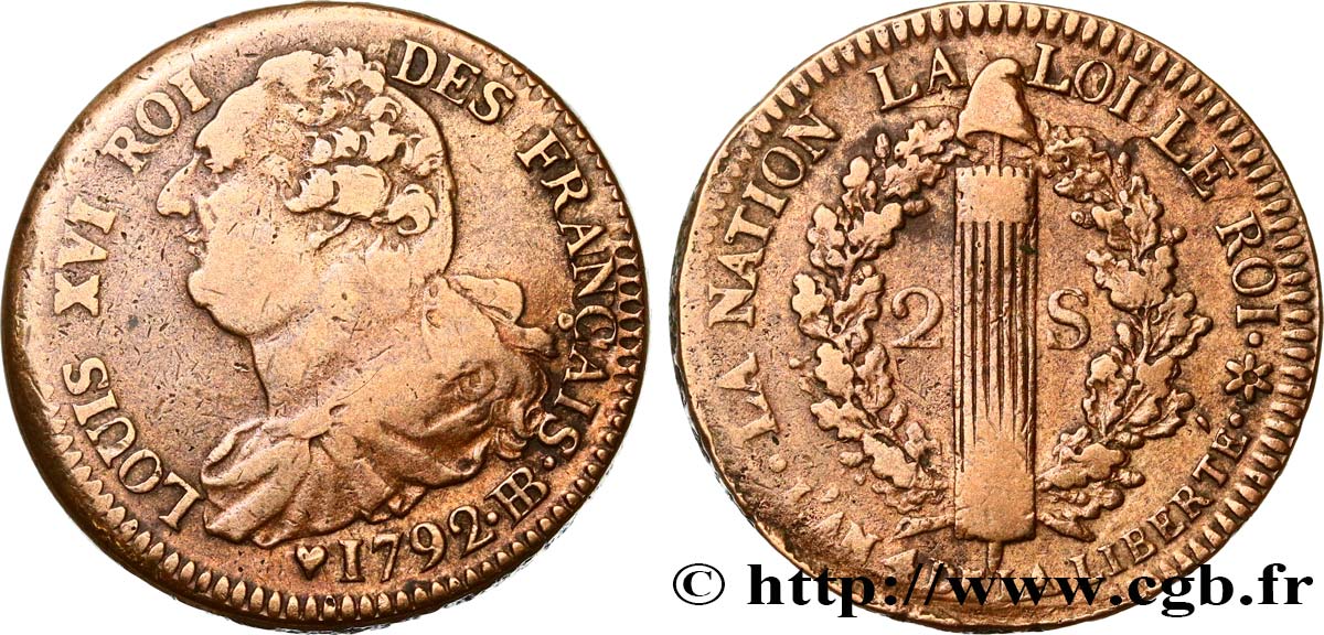 LOUIS XVI 2 sols dit &nbsp;au faisceau&nbsp;, type FRANÇAIS 1792 Strasbourg VF