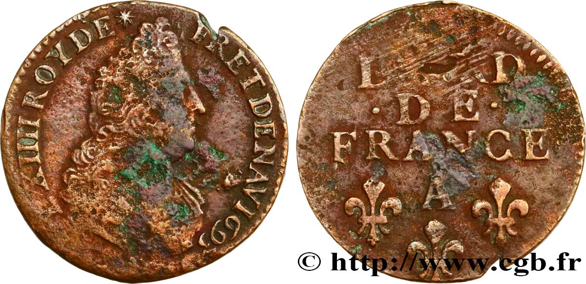 LOUIS XIV LE GRAND OU LE ROI SOLEIL Liard, 3e type, buste âgé 1693 Paris TB