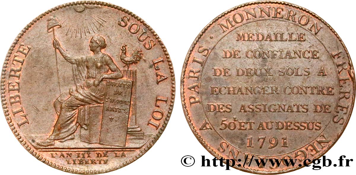 REVOLUTION COINAGE Monneron de 2 sols à la Liberté 1791 Birmingham, Soho SS