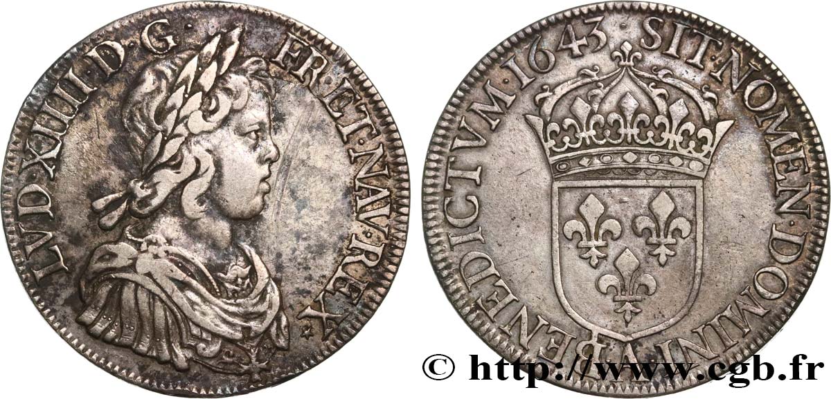 LOUIS XIV  THE SUN KING  Écu, portrait à la mèche courte 1643 Paris, Monnaie du Louvre SS/fVZ