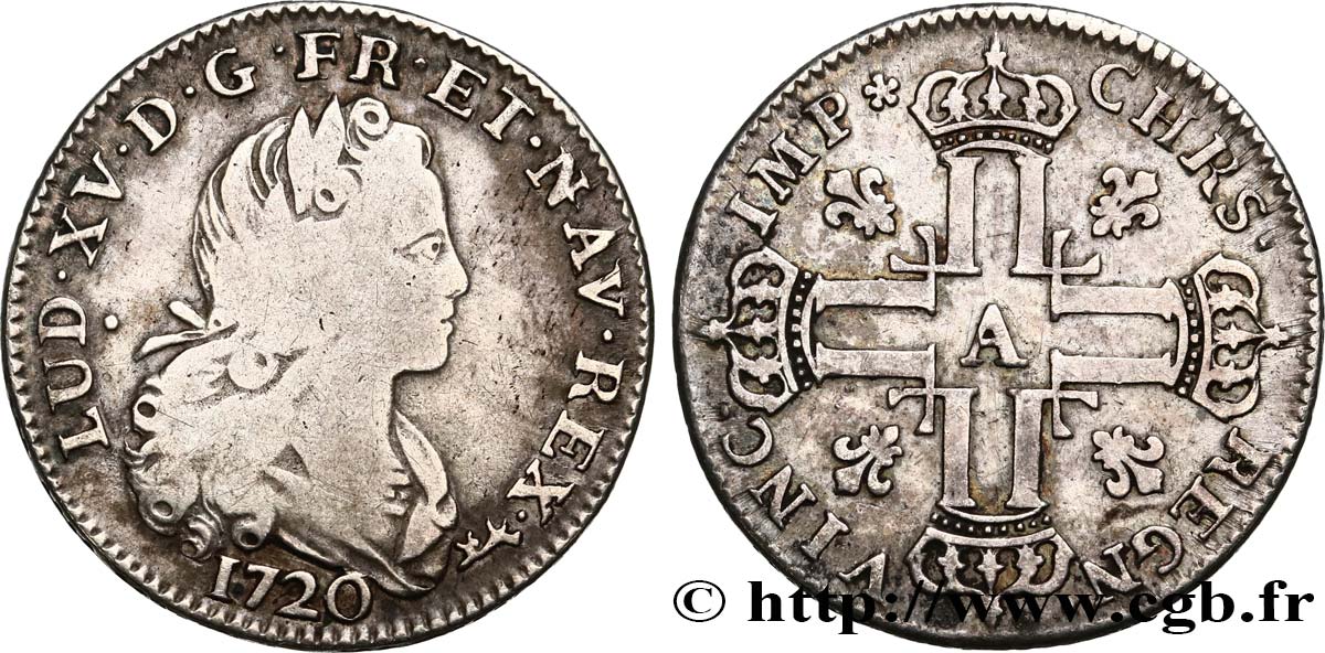 LOUIS XV  THE WELL-BELOVED  Louis d’argent à la croix aux huit L couronnées 1720 Paris VF/XF