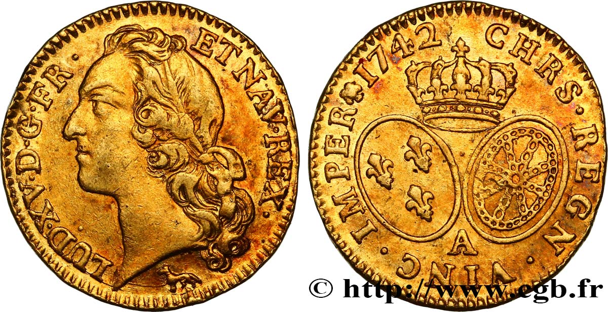 LOUIS XV THE BELOVED Louis d’or aux écus ovales, tête ceinte d’un bandeau 1742 Paris XF/AU