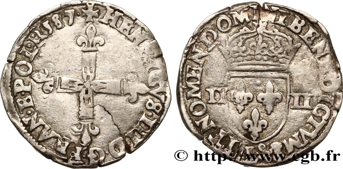 HENRI III Quart d écu, croix de face 1587 Bayonne TB+/TTB