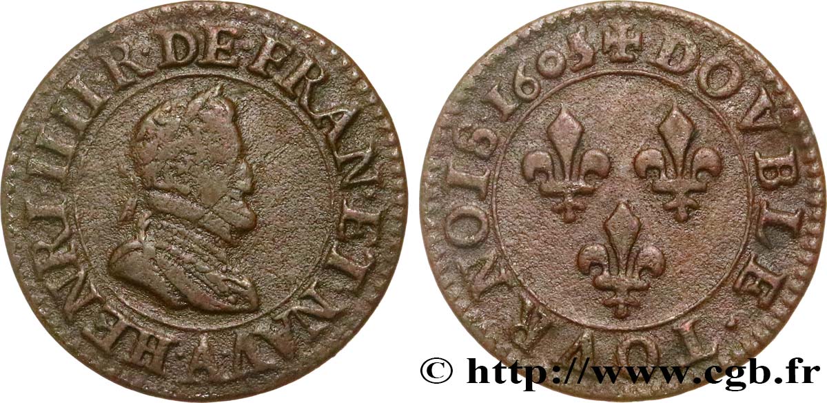 HENRY IV Double tournois, 1er type de Paris (légende française) 1605 Paris, Moulin des Étuves VF