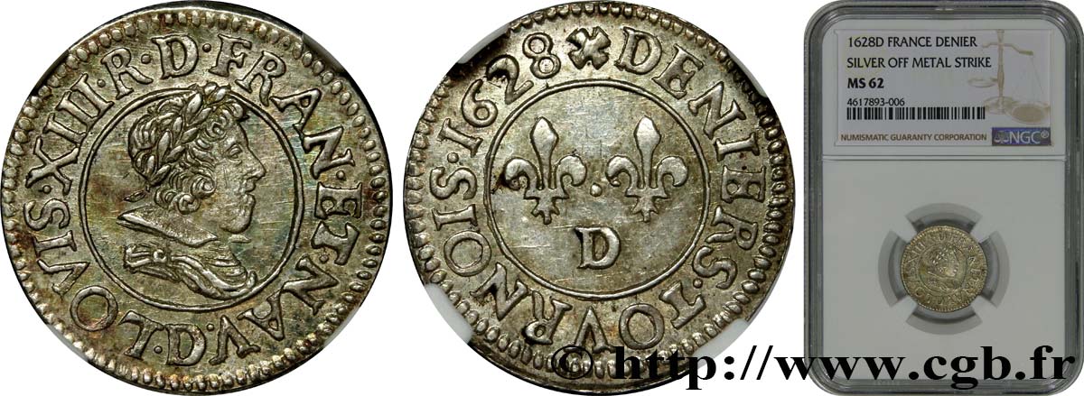 LOUIS XIII  Denier tournois en argent 1628 Lyon SPL62