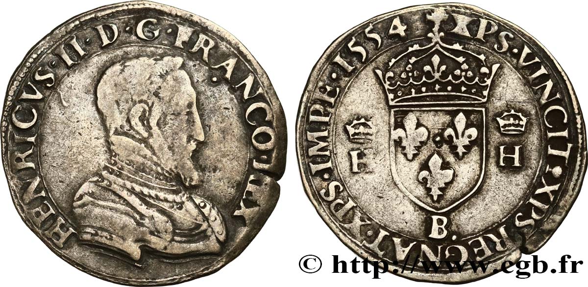 HENRI II Teston à la tête nue, 1er type 1554 Rouen TB+