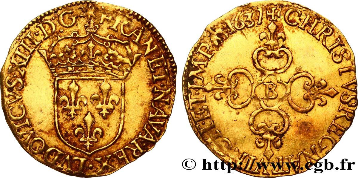 LOUIS XIII  Écu d or au soleil, à la croix anillée fleurdelisée 1637 Rouen AU/XF