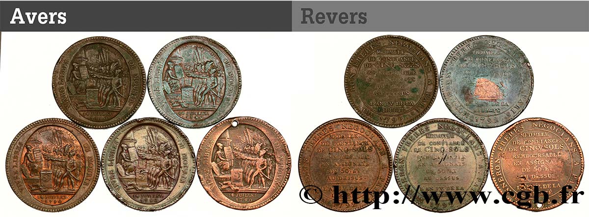 LOTS Lot de cinq Monnerons de 5 sols au serment n.d. Birmingham, Soho TB