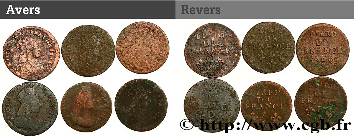 LOUIS XIV LE GRAND OU LE ROI SOLEIL Lot de six liards n.d. Ateliers divers B+