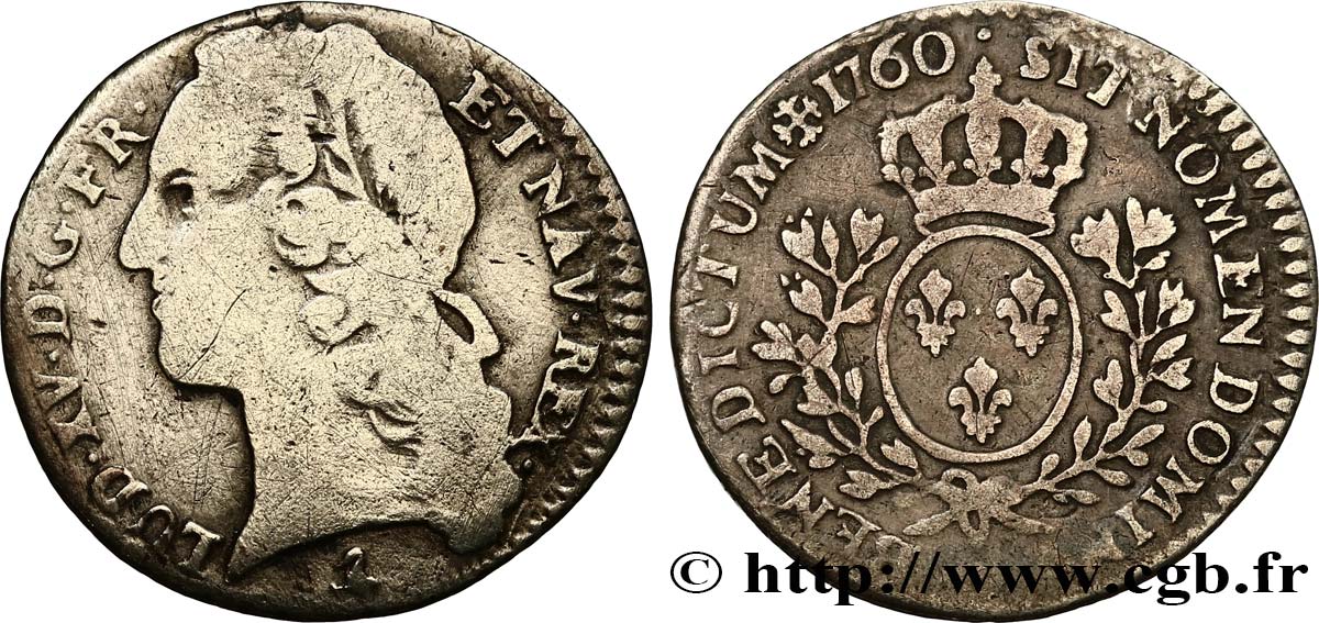 LOUIS XV DIT LE BIEN AIMÉ Dixième d&nbsp;écu aux branches d’olivier, tête ceinte d’un bandeau 1760 Paris TB