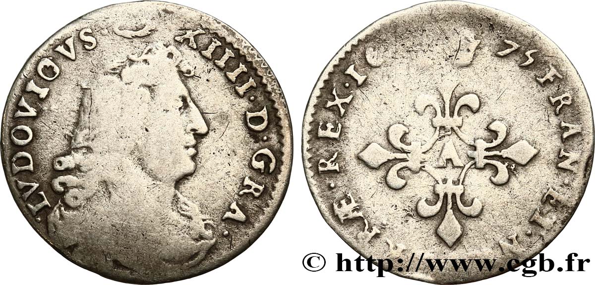 LOUIS XIV LE GRAND OU LE ROI SOLEIL Quatre sols à la croix formée de lis 1675 Paris B+/TB