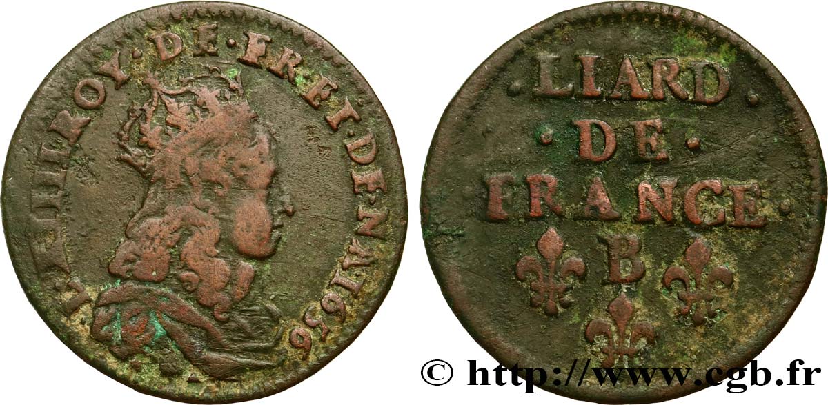 LOUIS XIV LE GRAND OU LE ROI SOLEIL Liard de cuivre, 2e type 1656 Pont-de-l’Arche TB