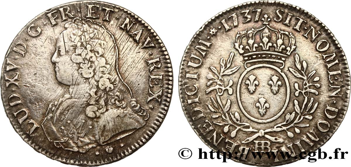 LOUIS XV DIT LE BIEN AIMÉ Écu aux branches d&nbsp;olivier, buste habillé 1737 Strasbourg TTB