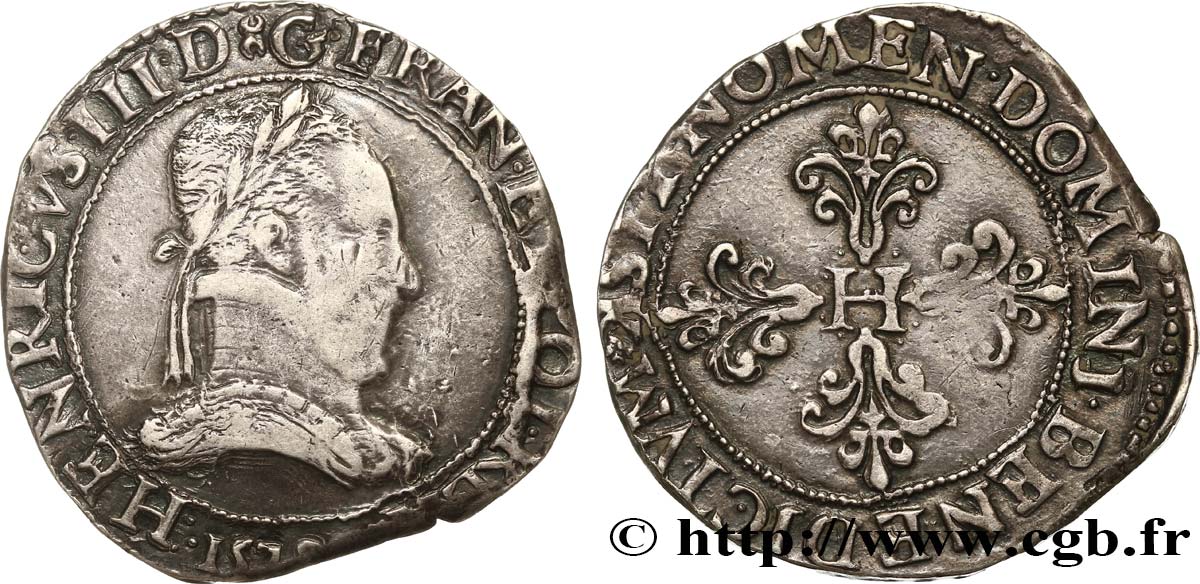 HENRY III Franc au col plat 1578 Bordeaux XF/AU