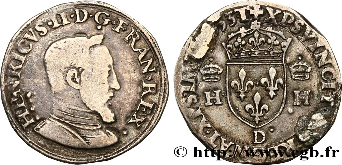 HENRI II Teston à la tête nue, 5e type 1553 Lyon TB+
