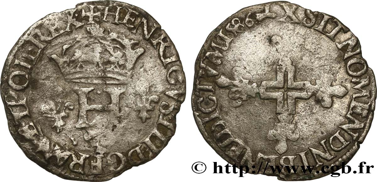HENRI III Double sol parisis, 2e type 1586 Amiens TB+