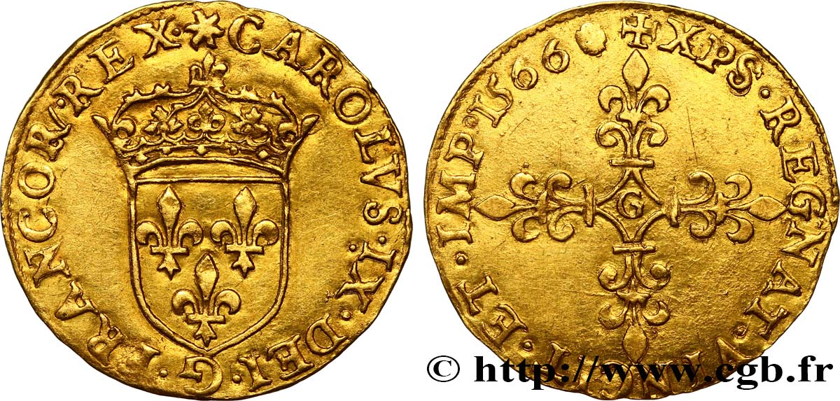 CHARLES IX Écu d or au soleil, 1er type 1566 Poitiers TTB+