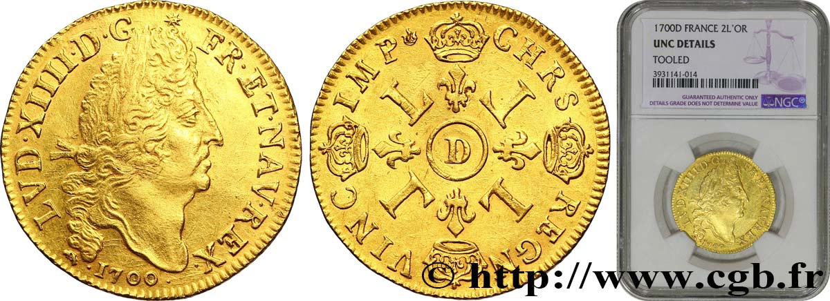 LOUIS XIV  THE SUN KING  Double louis d or aux quatre L 1700 Lyon AU/AU