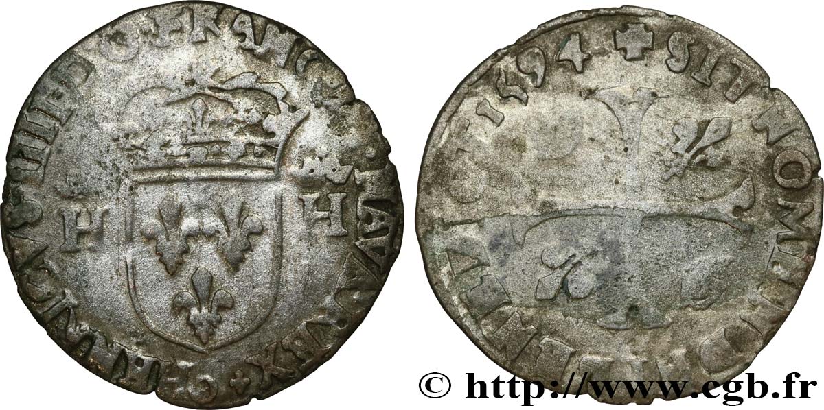 HENRY IV Douzain aux deux H couronnées, 3e type 1594 Clermont-Ferrand BC