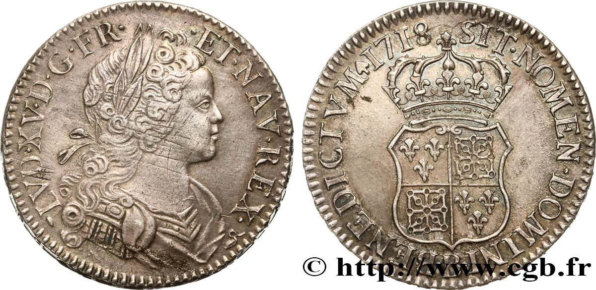 LOUIS XV  THE WELL-BELOVED  Écu dit  de France-Navarre  1718 Rouen MBC+/EBC