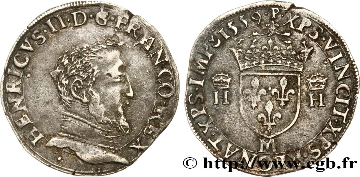 FRANÇOIS II. MONNAYAGE AU NOM D HENRI II Teston à la tête nue, 5e type 1559 Toulouse TTB+/TTB