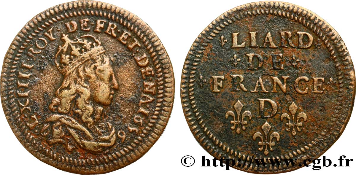 LOUIS XIV  THE SUN KING  Liard de cuivre avec double grènetis, 2e type 1656 Vimy-en-Lyonnais (actuellement Neuville-sur-Saône) MBC