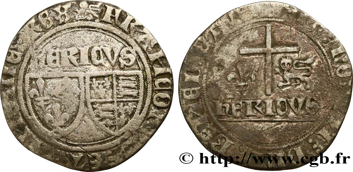 HENRY VI DE LANCASTRE - ROI DE FRANCE (1422-1453) - ROI D ANGLETERRE (1422-1461) et (1470-1471) Blanc aux écus n.d. Rouen TB