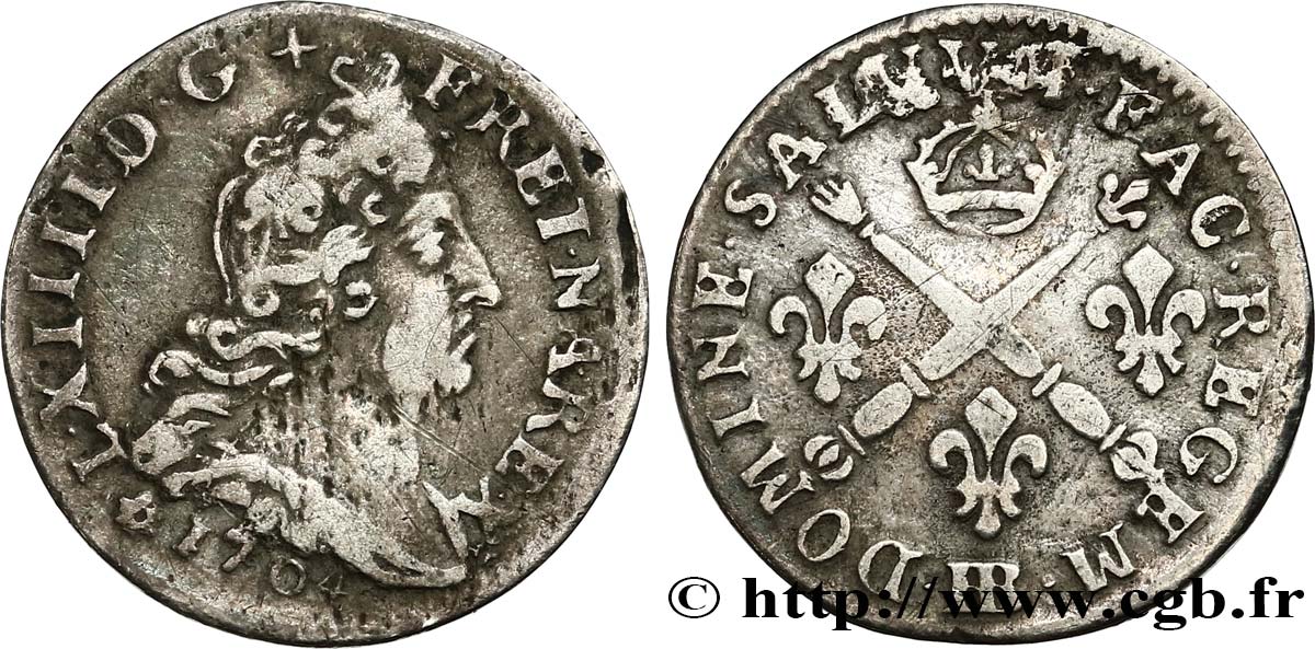 LOUIS XIV LE GRAND OU LE ROI SOLEIL Cinq sols aux insignes 1704 Strasbourg TB+
