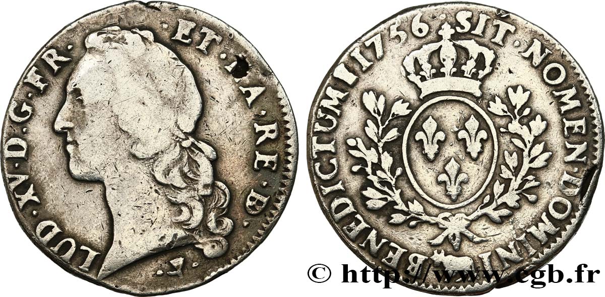 LOUIS XV DIT LE BIEN AIMÉ Écu aux branches d’olivier, tête ceinte d’un bandeau 1756 Pau TB+