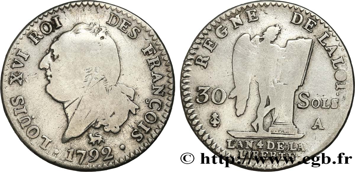 LOUIS XVI (MONARQUE CONSTITUTIONNEL)  30 sols dit  au génie , type FRANÇOIS 1792 Paris B+