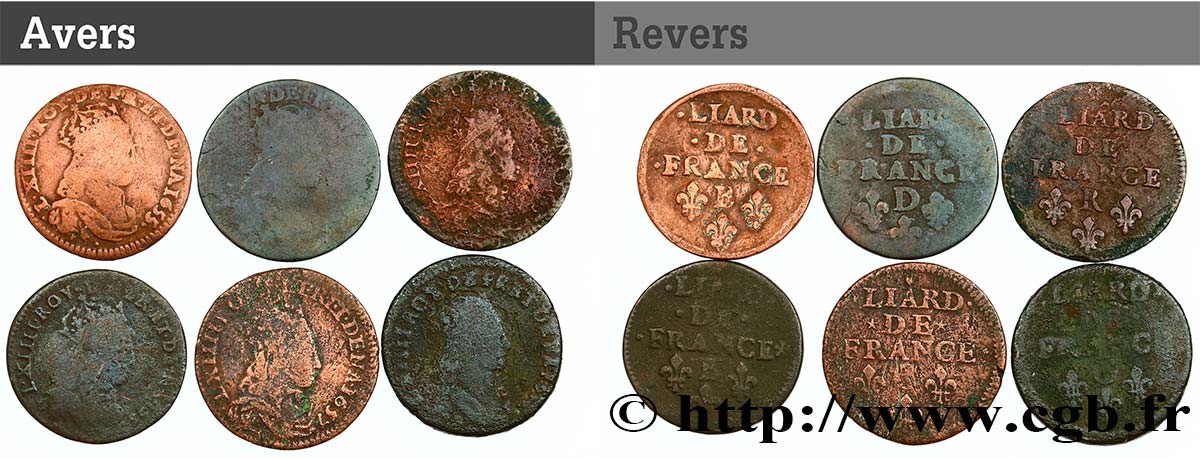 LOUIS XIV LE GRAND OU LE ROI SOLEIL Lot de six liards n.d. Ateliers divers B+