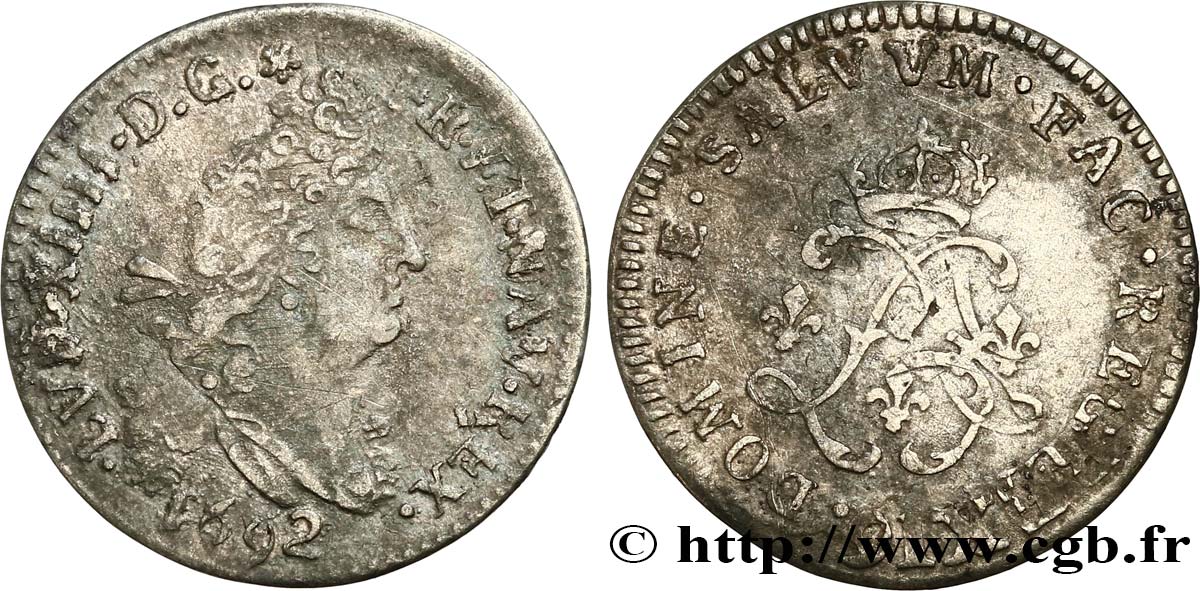 LOUIS XIV LE GRAND OU LE ROI SOLEIL Quatre sols aux deux L 1692 Rennes TB