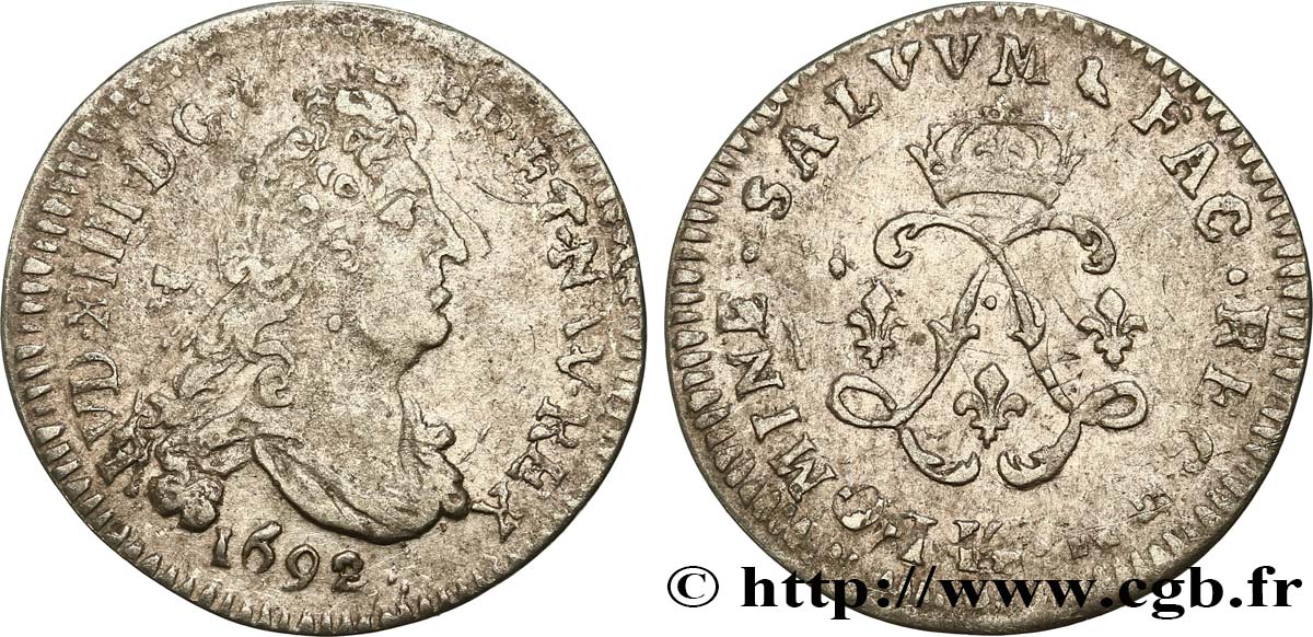 LOUIS XIV  THE SUN KING  Quatre sols aux deux L 1692 Bordeaux VF