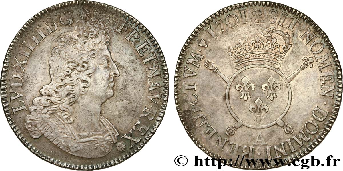 LOUIS XIV  THE SUN KING  Écu aux insignes 1701 Paris fVZ