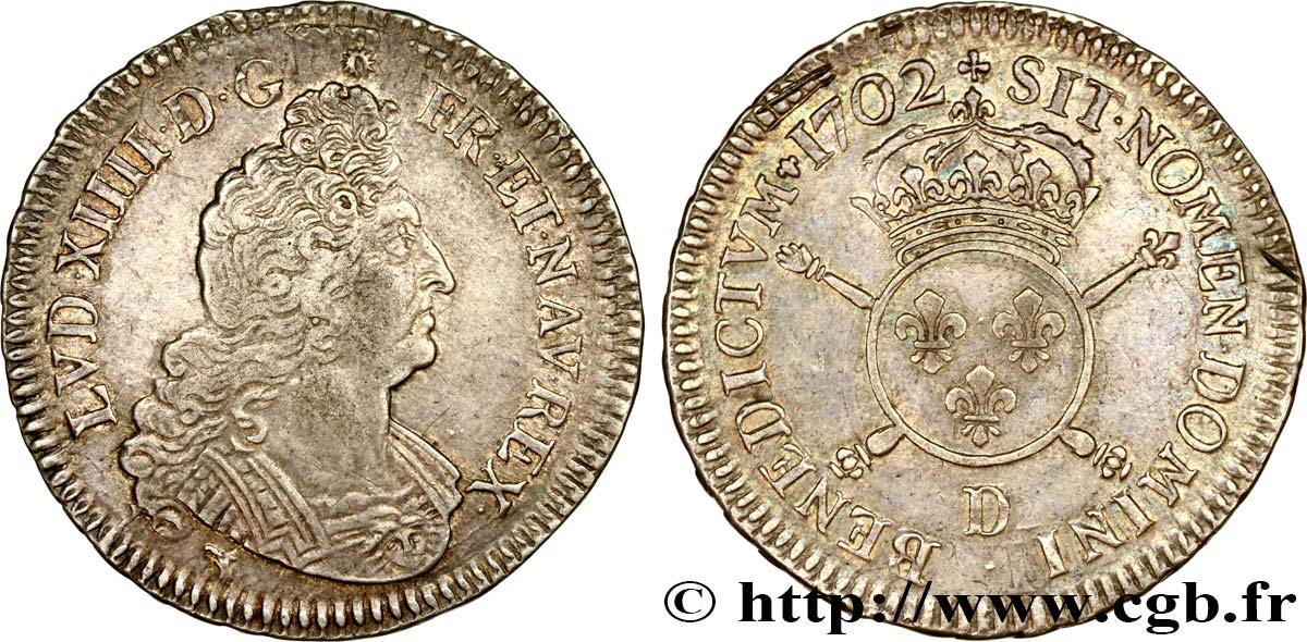 LOUIS XIV  THE SUN KING  Demi-écu aux insignes 1702 Lyon BB/q.SPL