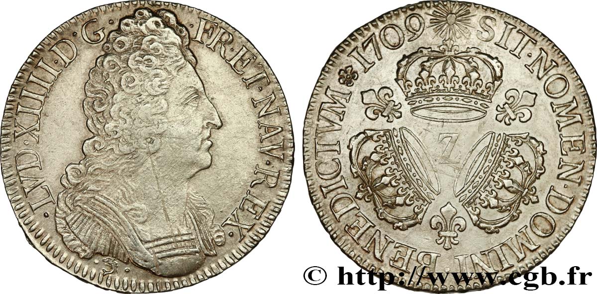 LOUIS XIV  THE SUN KING  Écu aux trois couronnes 1709 Grenoble MBC+/EBC