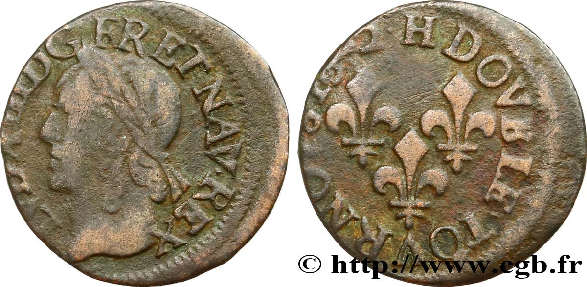 LOUIS XIII LE JUSTE Double tournois, type de Warin 1642 La Rochelle B+