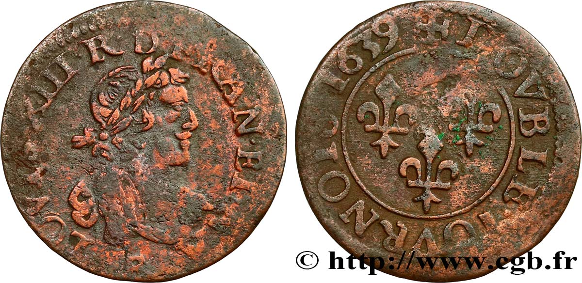 LOUIS XIII LE JUSTE Double tournois, 19e type 1639 Tours TB