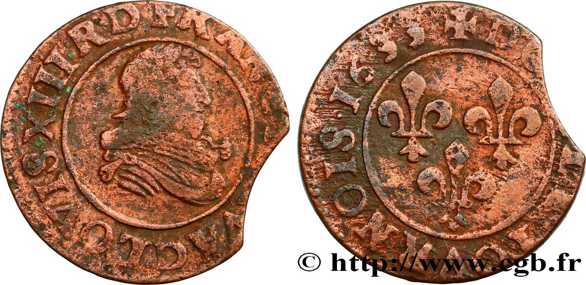 LOUIS XIII LE JUSTE Double tournois, type 8 1633 Lyon TB