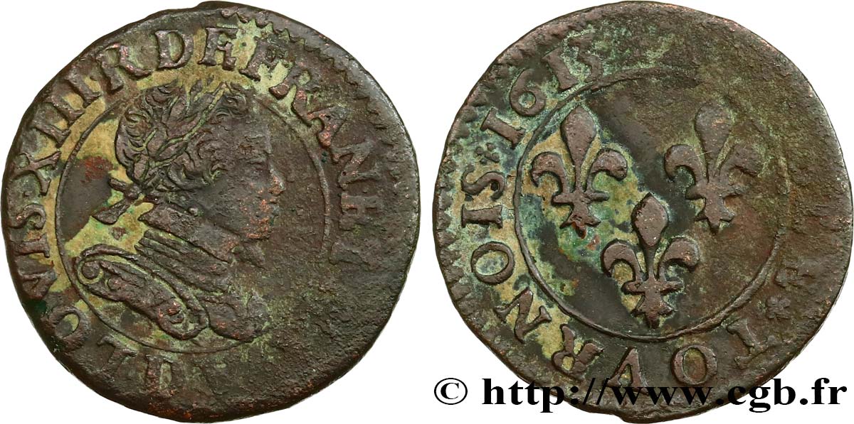 LOUIS XIII LE JUSTE Double tournois, type 3 1613 Lyon TB+