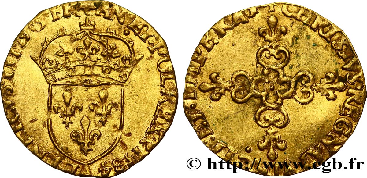 HENRI III Écu d or au soleil, 3e type 1584 Paris TTB