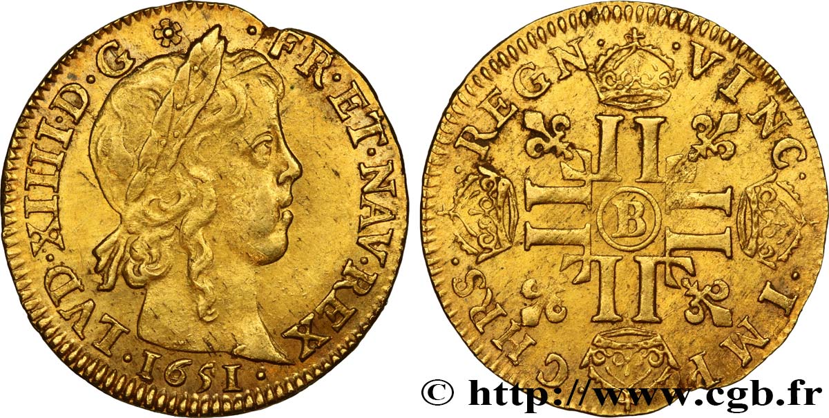 LOUIS XIV  THE SUN KING  Louis d’or aux huit L, portrait à la mèche longue 1651 Rouen MBC+