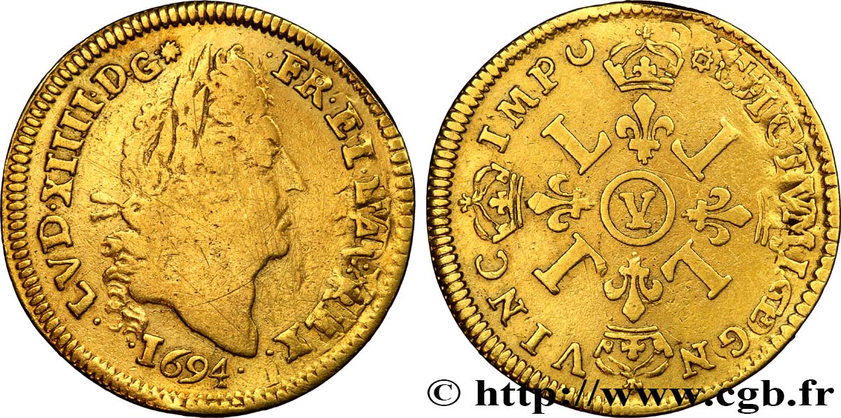 LOUIS XIV  THE SUN KING  Demi-louis d or aux quatre L 1694 Bourges q.MB