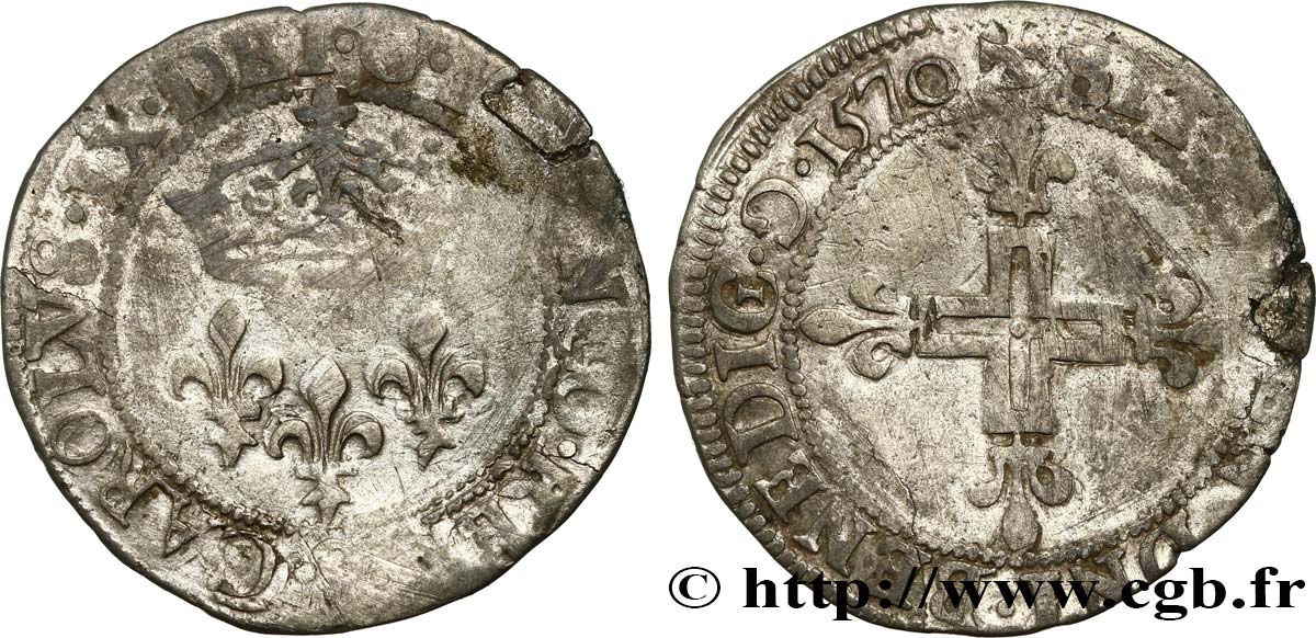 CHARLES IX Double sol parisis, 1er type 1570 Troyes VF