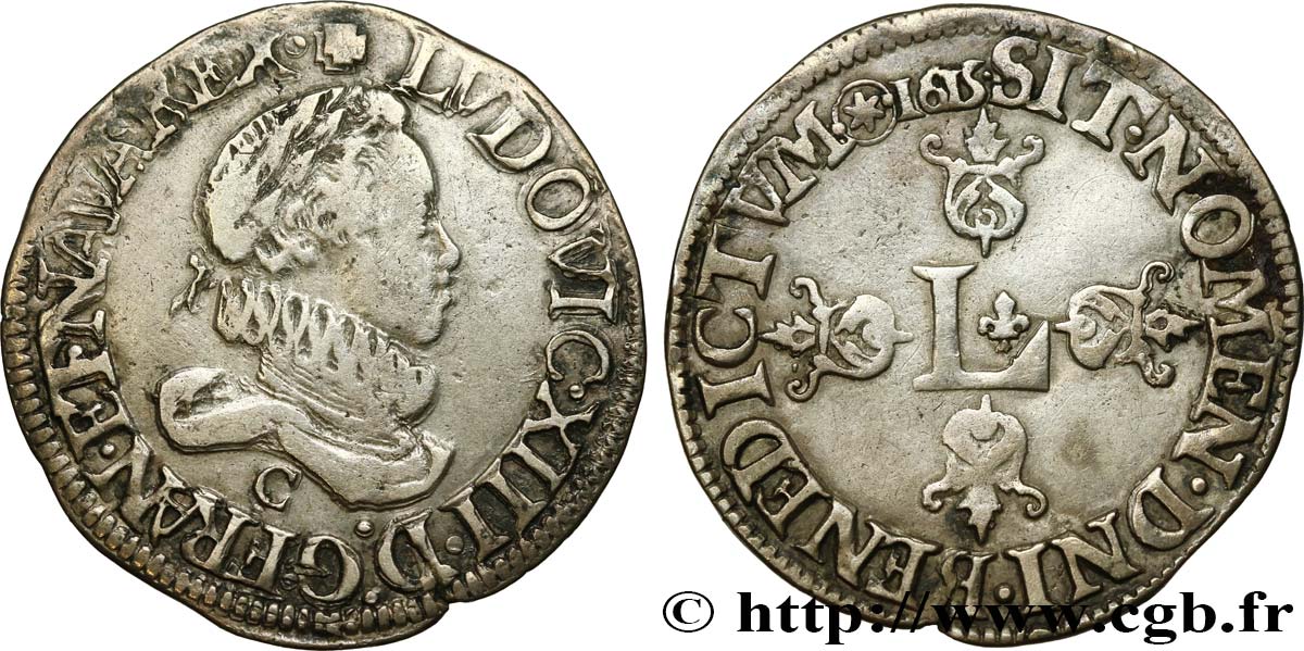LOUIS XIII  Demi-franc au grand buste lauré et au col fraisé 1615 Saint-Lô VF/XF